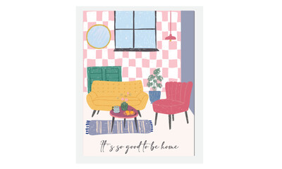 Modern wall painting. Trendy living room interiors. Abstract Sofa set art. Minimalistic drawing room interior scenes with mid century modern furniture and plants.