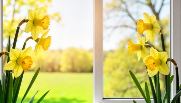 Bright yellow daffodils blooming in a sunny window  