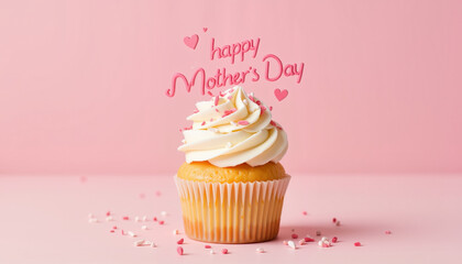 Mother’s Day cupcake with decorative icing on pink background