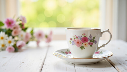 Fototapeta premium Elegant floral teacup with saucer against a bright background 