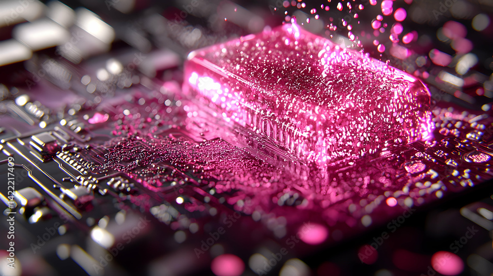 Poster a close-up of a circuit board with a bright pink processor covered in water droplets. this image is 