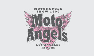Motorcycle show . Los Angeles riders. Moto angels artwork for apparel, sticker, batch, background, poster and others. Eagle wing graffiti design. Motorcycle Poster design. 