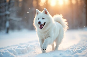 Naklejka premium White dog running in fresh snow. Cute fluffy Samoyed with open mouth, excited face. Cold winter landscape, sunny frosty weather. Pet enjoys outdoor game. Animal friendly themes.