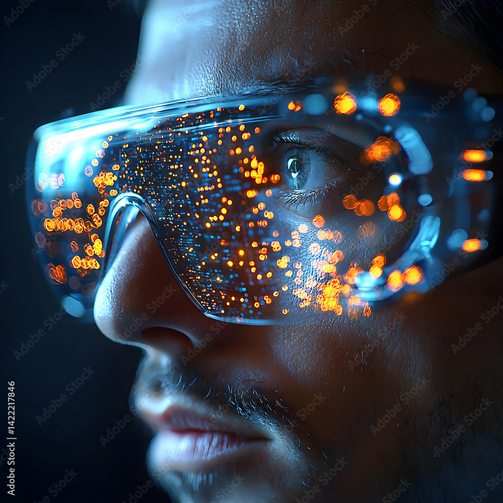 Poster futuristic augmented reality. a person wearing smart glasses sees data overlays. ideal for tech pres