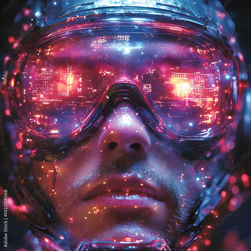 Poster futuristic person wearing high-tech goggles. immersive virtual reality or data visualization could b