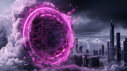 A futuristic city skyline enveloped by a glowing portal. The scene suggests technological advancement and potential dimensional travel application.