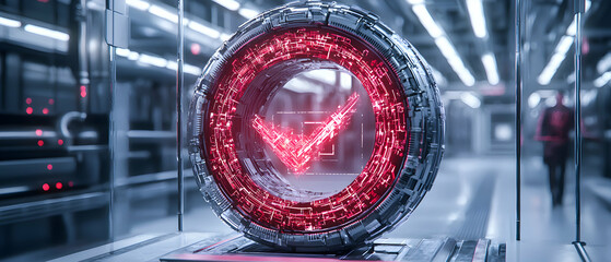 Futuristic digital verification system depicting a red check mark within a technological ring. Ideal for cybersecurity and validation concepts. Suggests a modern technological environment.