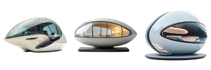 Futuristic home pods with smooth white curves isolated on transparent PNG image perfect for concept design or sci-fi housing themes