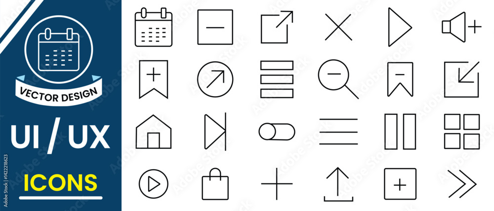 Poster ui ux icons set vector illustration. set of media and web icons symbol with stroke line. ui ux mega 