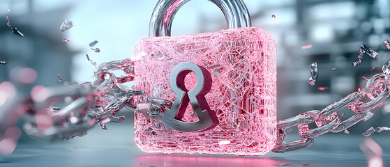 Cybersecurity concept depicting a padlock and chain breaking. Suggests network protection and digital security. Great for tech presentations and data privacy visuals.