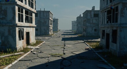 Abandoned Town with Angular Buildings and Shattered Windows
