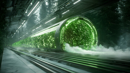 A futuristic train zips through a forest tunnel emitting green energy. Apply this visual to a science fiction film or a tech company ad representing speed.