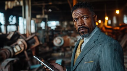 A well-dressed man with a confident expression stands in an industrial environment, holding a tablet, representing modernity, technology, and determination in a gritty setting.