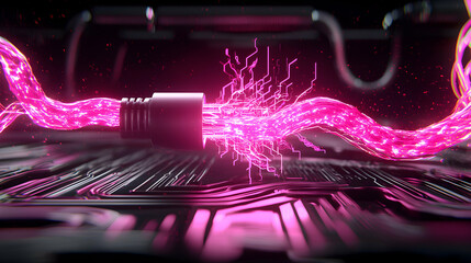 An eye-catching digital art piece showcasing a glowing pink cable emitting data signals. Ideal for tech website backgrounds or futuristic concept visuals.