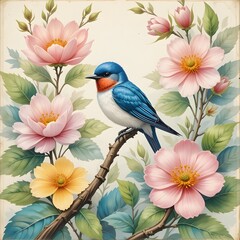 Against a background of vivid green leaves with delicate, textured veins, this whimsical, vintage-style postcard depicts a fragile swallow perched on a thin, twisted branch, encircled by a luxuriant a