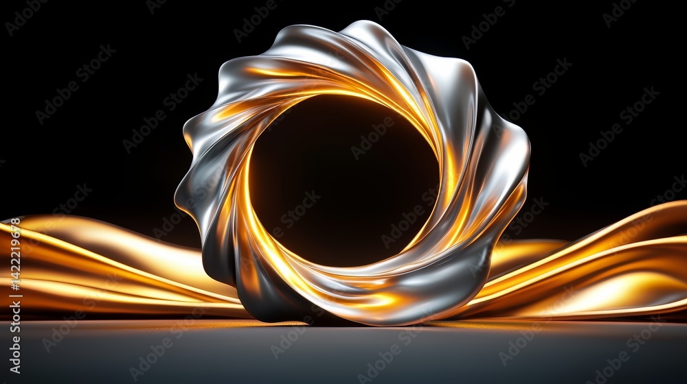 Poster gold and silver sculpture of a spiral with a black background. the sculpture is abstract and has a s