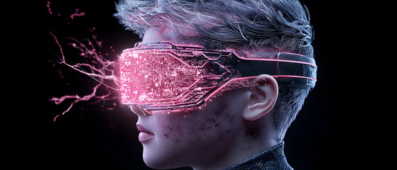 Futuristic VR headset concept. Ideal for tech blogs science fiction art digital design game interfaces or illustrating innovation. It blends technology with human form.