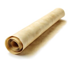 An antique scroll of parchment paper, rolled and isolated on a clean white background
