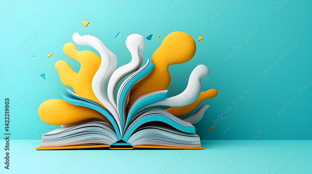 Poster open book with colorful abstract splashes on turquoise background