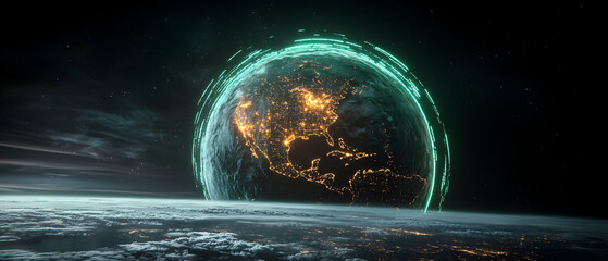 The image shows a futuristic Earth with glowing lights and data streams. Could be used in tech presentations or sci-fi visuals suggesting global connectivity.