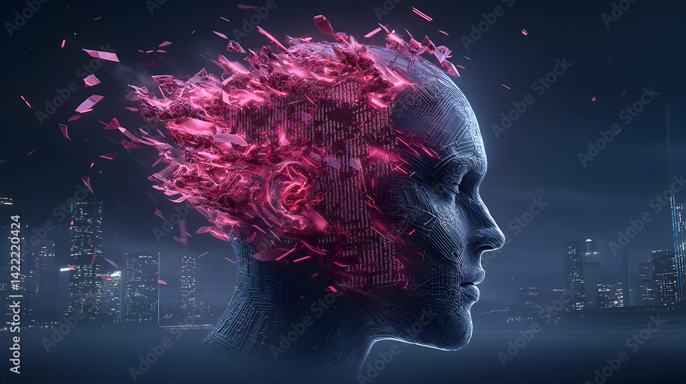 Poster cyberpunk ai portrait with glowing pink data and cityscape background. suggests technological consci