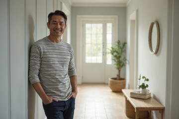 Fototapeta premium Foreground View: Relaxed Middle-Aged Japanese Man in Striped Tee and Dark Jeans Posing