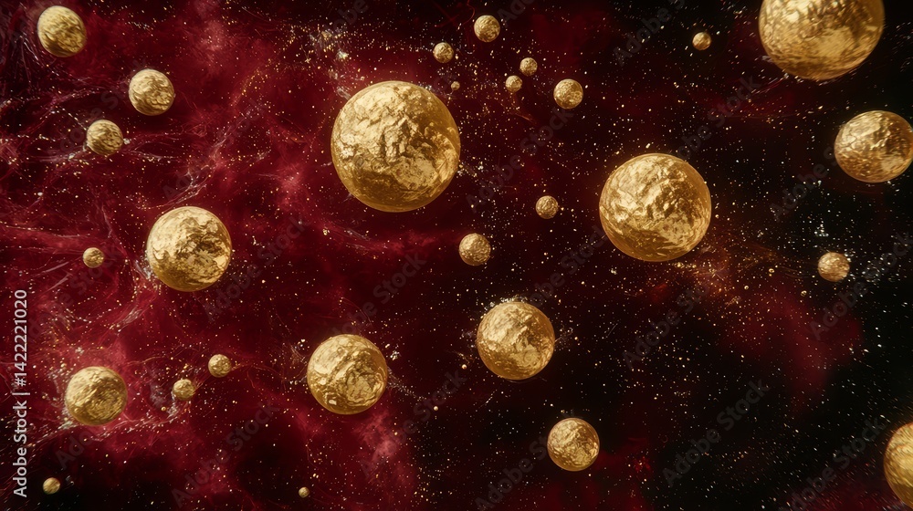 Poster gold colored space filled with many small gold colored balls. the balls are scattered throughout the