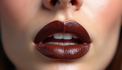 Obraz premium Close-up of woman face with open mouth, dark brown lipstick. Glossy, rich color lips, glamorous makeup look. Fashion beauty art, perfect makeup with smooth skin. Ideal for makeup tutorials, beauty