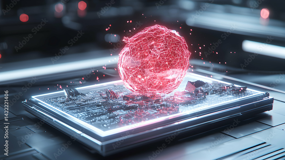 Poster a futuristic digital artwork featuring a glowing sphere above a circuit board depicting advanced tec