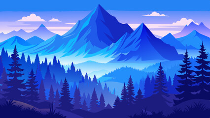 Fototapeta premium Amazing silhouettes mountain landscape vector at sunrise. Stunning foggy landscape of mountains and forest. Wonderful landscape for printing. cartoon illustration