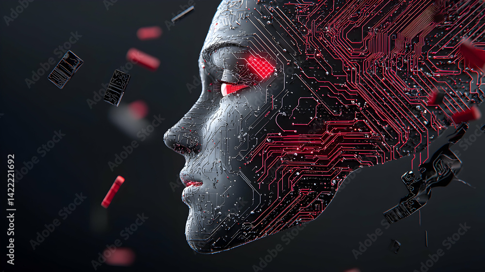 Poster cybernetic face with circuit board patterns glows red. depicts ai technology or futuristic concepts.