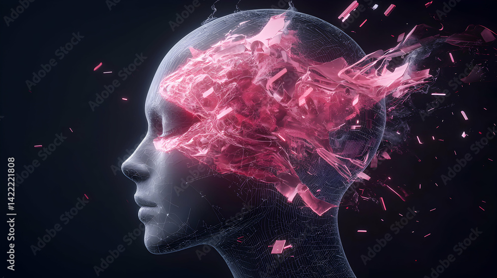 Poster an artistic depiction of the human mind exploding or deconstructing. suitable for conceptual art or 