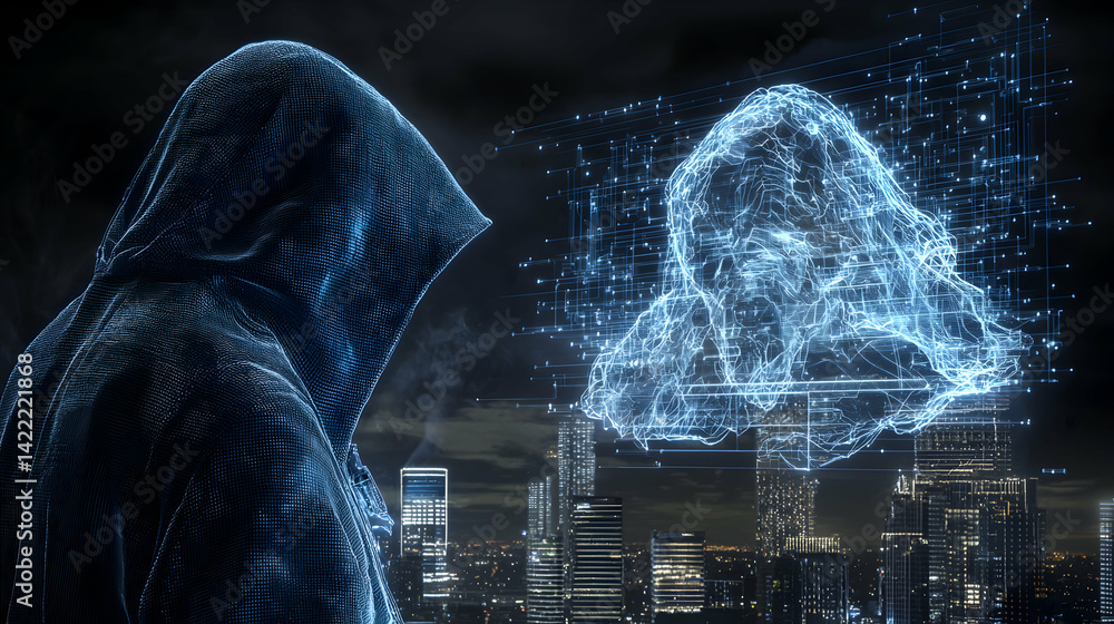 Poster a hooded figure observing digital networks above a cityscape. a visualization of information transfe