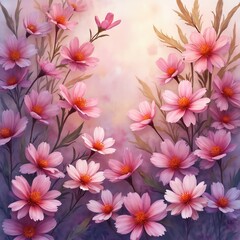 Watercolor floral background with pink flowers, green leaves. Delicate petals, floral pattern design. Spring blossom, blooming season, nature beauty, romantic vibes for greeting cards.