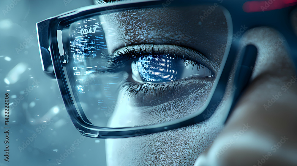 Poster futuristic image shows a person wearing smart glasses. data displays on the lenses and reflects in t