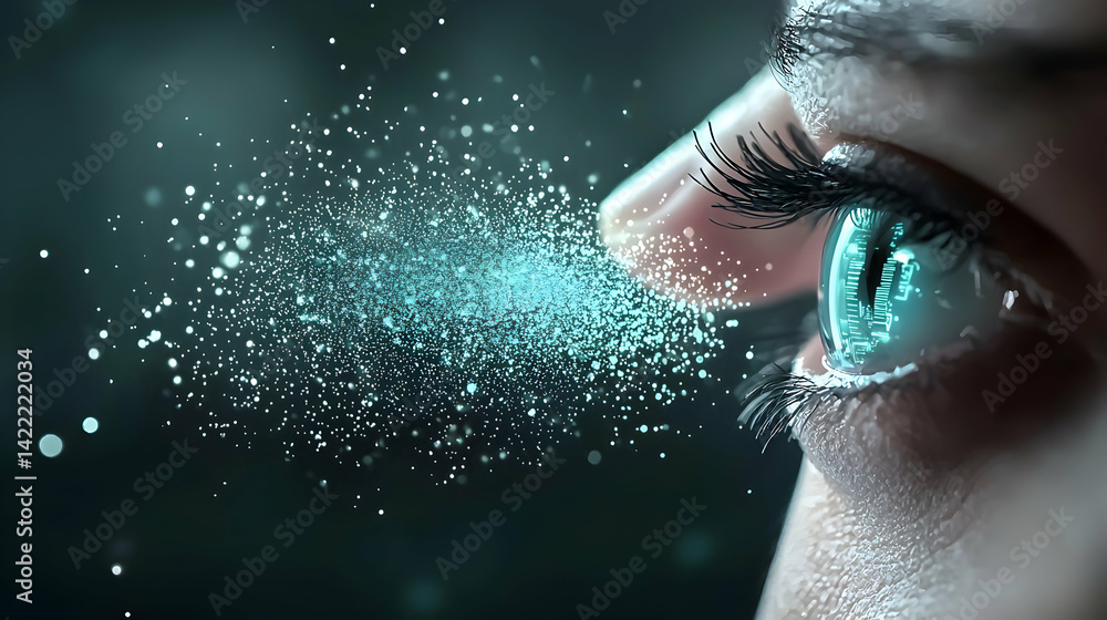 Aufkleber an eye with digital circuitry and particles a futuristic concept. use it for tech ai or cybersecurit