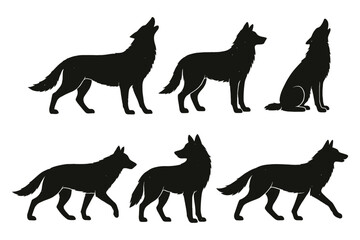Vector set of six black silhouette illustrations of wolves in various poses, including howling, standing, sitting, and walking. Represents wildlife, nature, and a simple, graphic aesthetic.
