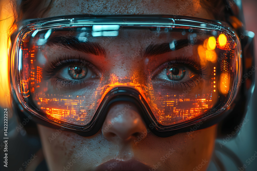Poster a close-up of a person wearing augmented reality goggles. futuristic theme displaying data. suggests