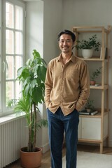 Fototapeta premium Medium Portrait: Japanese Man, Late Forties, in Brown Corduroy Top and Blue Pants Posing Indoors