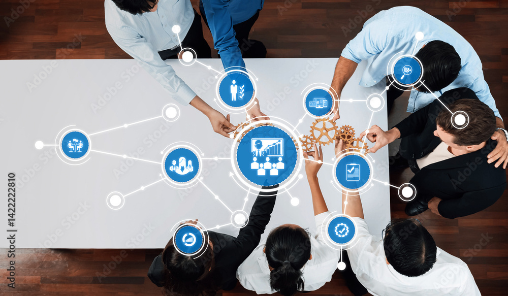 Poster a diverse team collaborates in a management strategy meeting, analyzing data and solutions on a tabl
