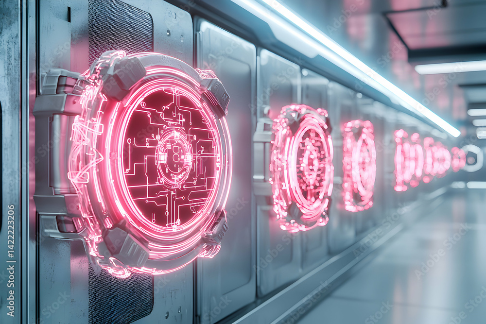 Poster futuristic hallway with glowing red circular panels suggesting advanced technology possibly for data