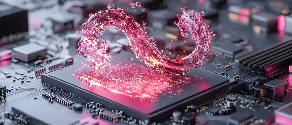 Poster an abstract digital art piece of a circuit board with glowing liquid flowing through. ideal for tech