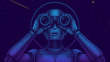 Futuristic Robot Observing Starry Night Sky Through Binoculars Art Illustration, Generated AI