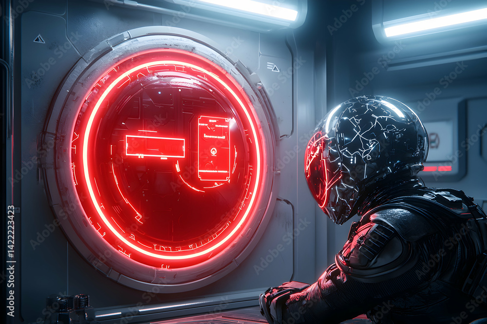 Fototapete a futuristic astronaut views a glowing red interface. the sci-fi scene suggests advanced technology 