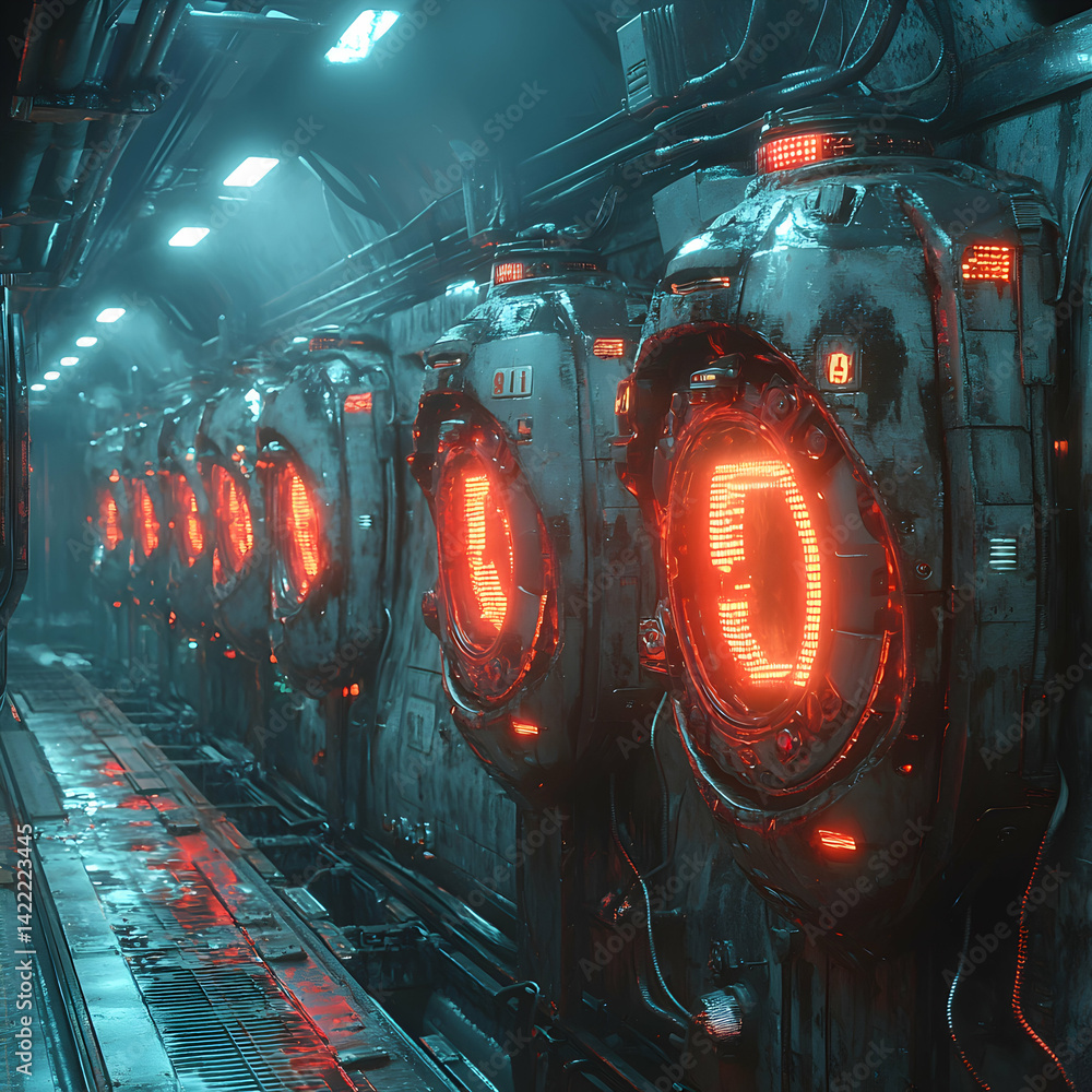 Poster a futuristic scene with glowing pods in a metallic corridor. suggests a science fiction setting. ide