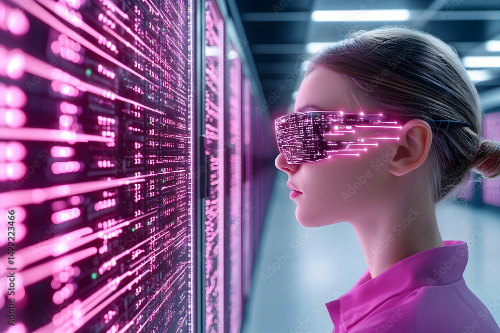 Poster a woman wearing high-tech glasses peers at a server room. this image could be used for presentations
