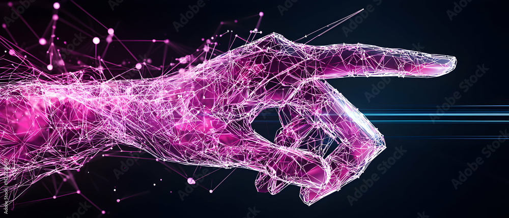 Poster a digital artistic hand pointing forward symbolizing connection and technology. ideal for tech start