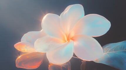 Fototapeta premium Dreamcore Plumeria exotic bloom isolated. Chrome liquid metal flower. 3D render, modern design. Holographic futuristic floral icon. Y2K, brutalism retro futurism concept.