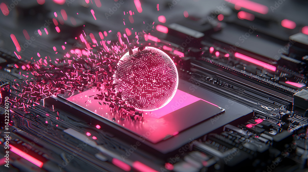 Poster a futuristic depiction of data processing featuring a glowing sphere disintegrating on a circuit boa
