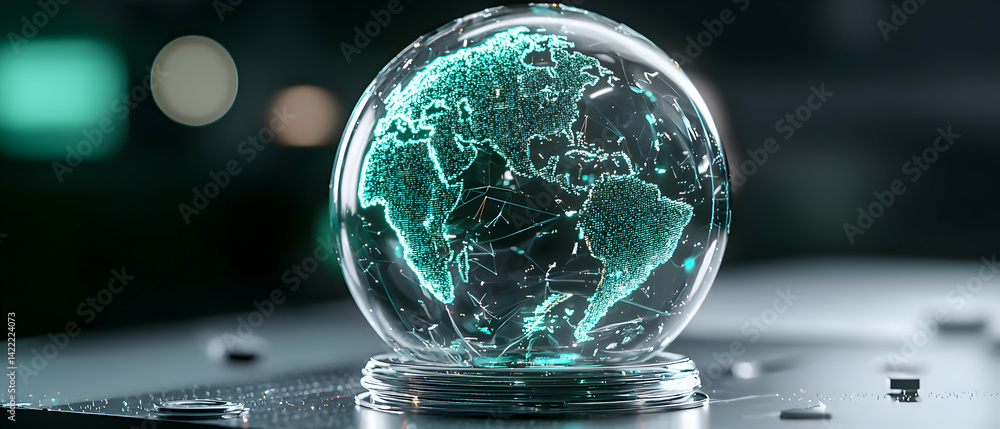 Poster a futuristic globe displays a digital world. ideal for tech presentations. it symbolizes global conn